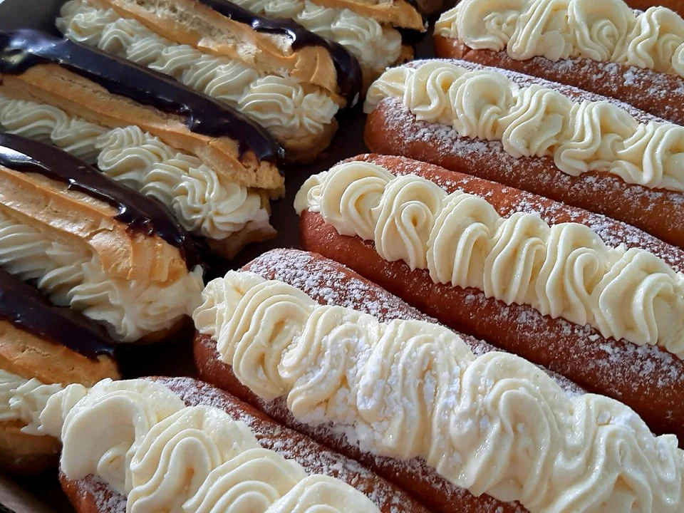 Fresh cream éclairs and pastries, photographed at Mr Bake